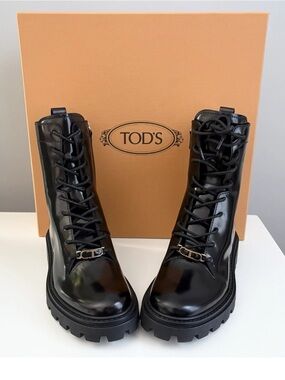 NEW $975 Tod’s Black Leather Combat Lace Up Ankle Gomma Shoes Boots Italy 36 6